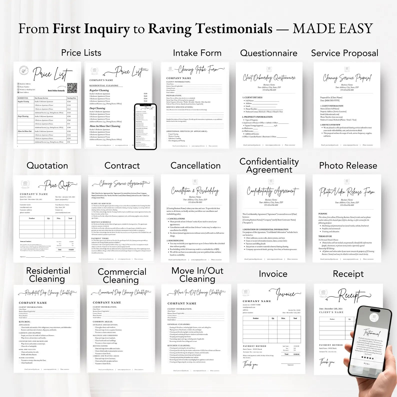 CLEANING SERVICE BUNDLE, Cleaning Service Agreement, Cleaning Service Intake Form, Cleaning Company Business Cards, Cleaning Business Bundle